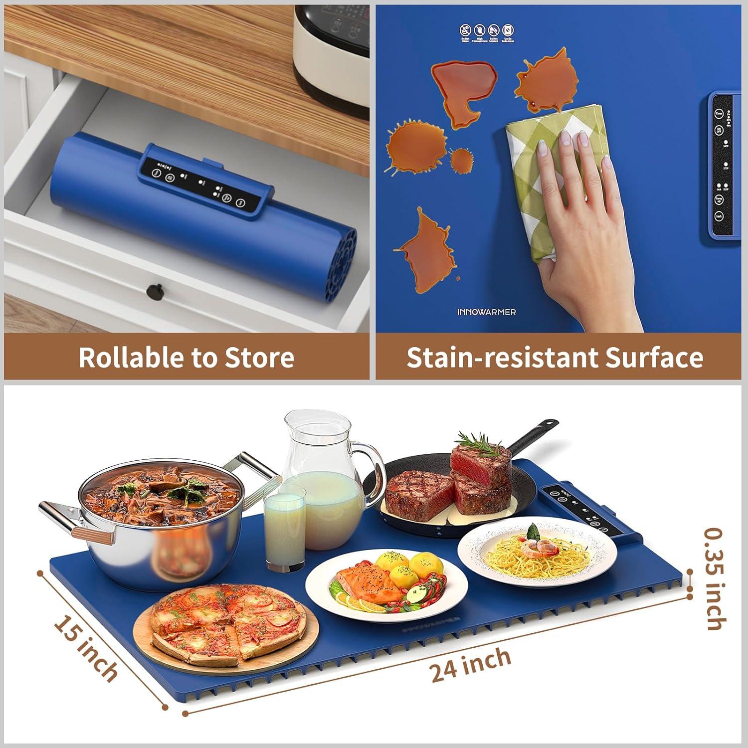 imageElectric Food Warming Mat Silicone Food Warmer for Parties Buffet Portable Fast Heating Pads for Food Pizza Coffee Tea Heater Meat Defrosting Tray Adjustable Temperature BlueBlue