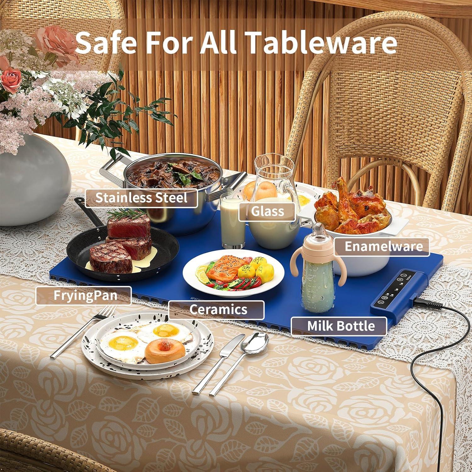 imageElectric Food Warming Mat Silicone Food Warmer for Parties Buffet Portable Fast Heating Pads for Food Pizza Coffee Tea Heater Meat Defrosting Tray Adjustable Temperature BlueBlue