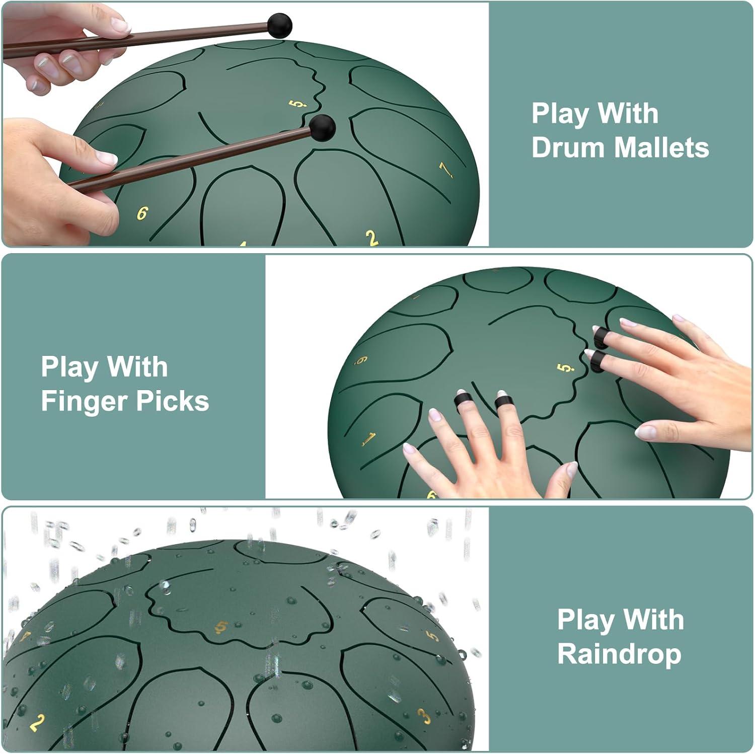 imageRain Drum for Outside Garden 6 Inches 8 Notes Steel Tongue Chakra Drums Waterproof Echo Rain Chime Meditation Drums Musical Instruments for Adult Gift with Bag Music Book Drum Mallets Blackgreen
