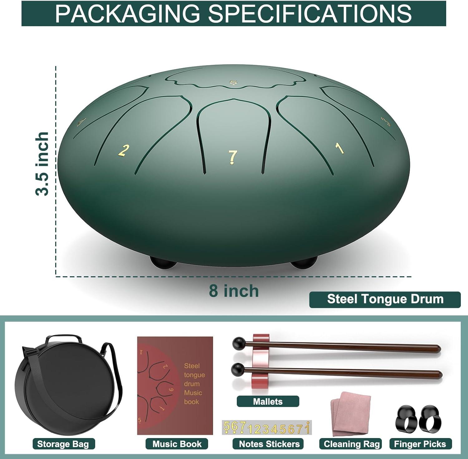 imageRain Drum for Outside Garden 6 Inches 8 Notes Steel Tongue Chakra Drums Waterproof Echo Rain Chime Meditation Drums Musical Instruments for Adult Gift with Bag Music Book Drum Mallets Blackgreen