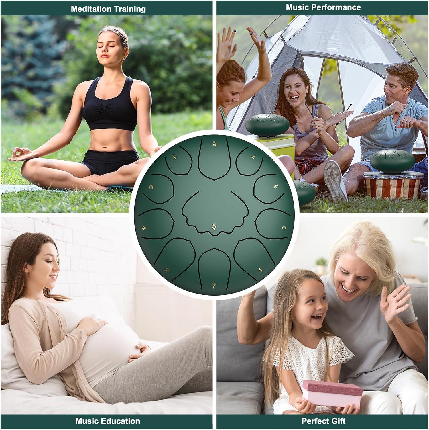 imageRain Drum for Outside Garden 6 Inches 8 Notes Steel Tongue Chakra Drums Waterproof Echo Rain Chime Meditation Drums Musical Instruments for Adult Gift with Bag Music Book Drum Mallets Blackgreen