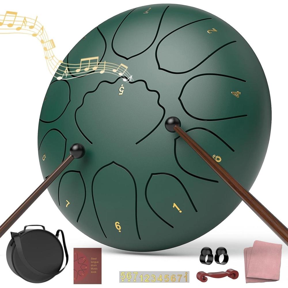 imageRain Drum for Outside Garden 6 Inches 8 Notes Steel Tongue Chakra Drums Waterproof Echo Rain Chime Meditation Drums Musical Instruments for Adult Gift with Bag Music Book Drum Mallets Blackgreen