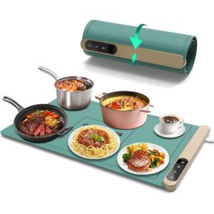 imageFood Warming Mat Electric Silicone Heating Tray for Food 500W Full Surface Graphene Heating Adjustable Temperature ampamp Timer Portable Food Warmer for Parties Travel Home BuffetsBlue