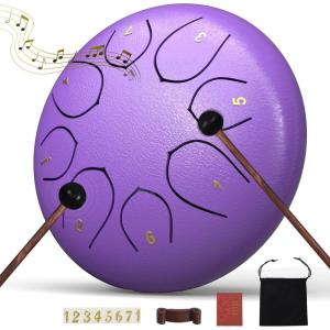 imageRain Drum for Outside Garden 6 Inches 8 Notes Steel Tongue Chakra Drums Waterproof Echo Rain Chime Meditation Drums Musical Instruments for Adult Gift with Bag Music Book Drum Mallets BlackPurple