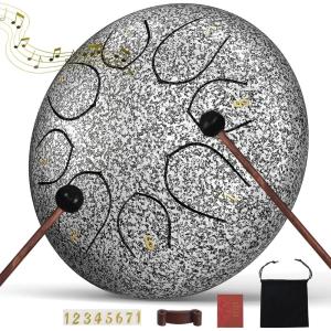 imageRain Drum for Outside Garden 6 Inches 8 Notes Steel Tongue Chakra Drums Waterproof Echo Rain Chime Meditation Drums Musical Instruments for Adult Gift with Bag Music Book Drum Mallets BlackStar Sliver