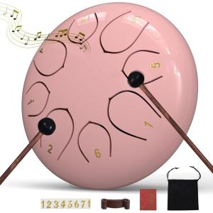 imageRain Drum for Outside Garden 6 Inches 8 Notes Steel Tongue Chakra Drums Waterproof Echo Rain Chime Meditation Drums Musical Instruments for Adult Gift with Bag Music Book Drum Mallets BlackPink