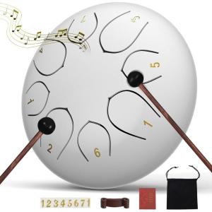 imageRain Drum for Outside Garden 6 Inches 8 Notes Steel Tongue Chakra Drums Waterproof Echo Rain Chime Meditation Drums Musical Instruments for Adult Gift with Bag Music Book Drum Mallets BlackWhite