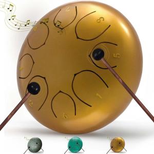 imageRain Drum for Outside Garden 6 Inches 8 Notes Steel Tongue Chakra Drums Waterproof Echo Rain Chime Meditation Drums Musical Instruments for Adult Gift with Bag Music Book Drum Mallets BlackGold